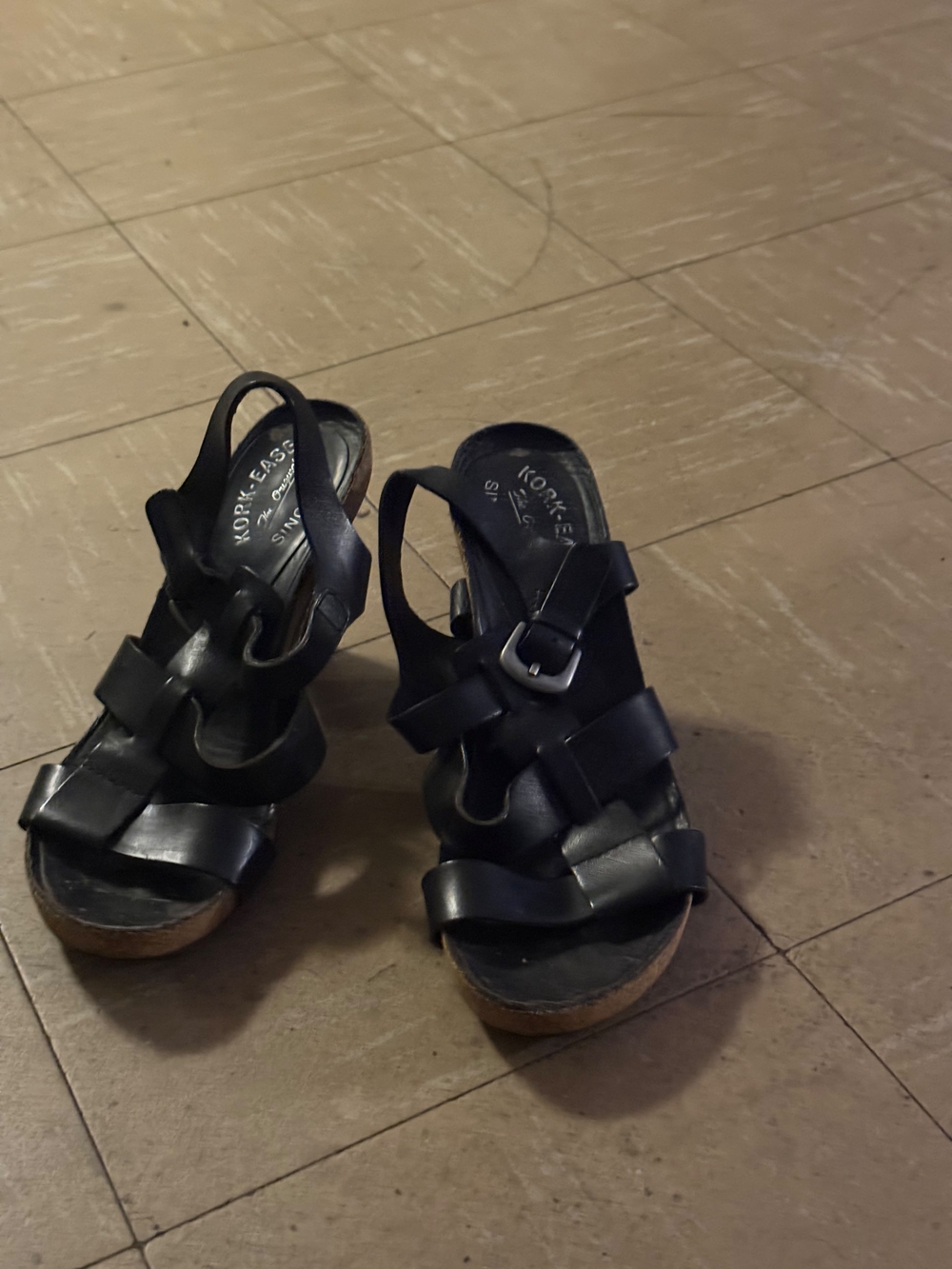 Kork-Ease Black Leather Strappy Cork Wedge Sandals